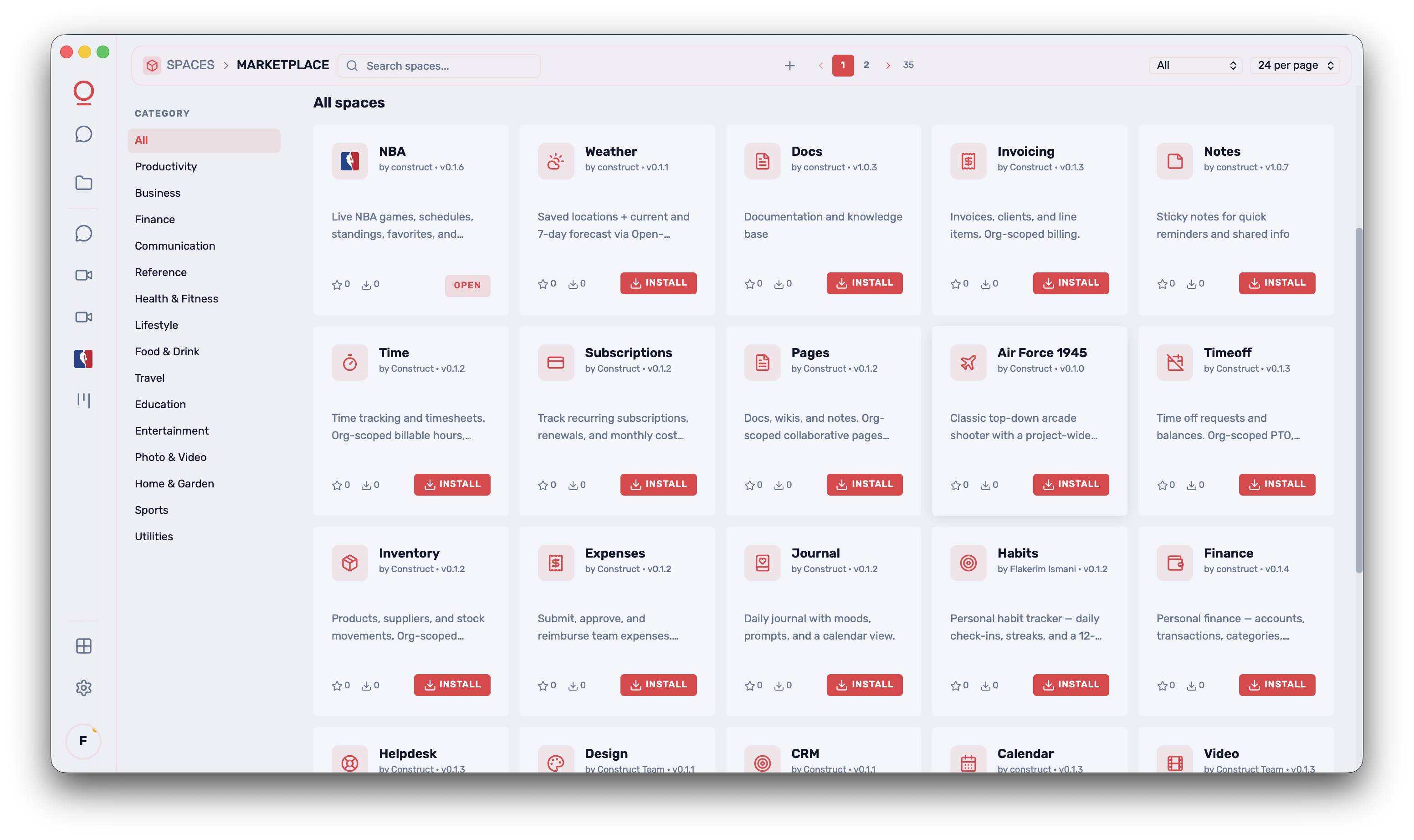 Construct Spaces marketplace and launcher grid